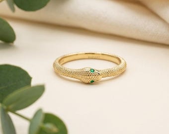 14k Gold Snake Ring with Green Moissanite Eyes