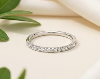 White Gold Wedding Band, Pave Diamond Ring, Half Eternity Band, Womens Wedding Ring, Stacking Ring, Anniversary Gift for Her