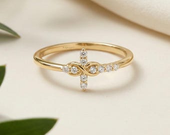 Infinity Cross Ring • 14kYellow Gold Faith Band • Pave Diamond Christian Ring • Religious Confirmation Gift • Dainty Stackable Cross Jewelry