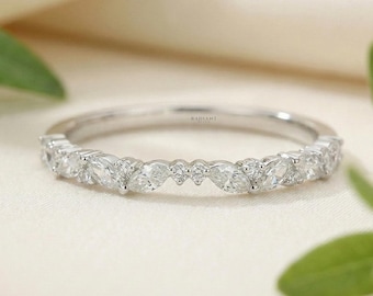 Curved Wedding Band Marquise and Round Cut Moissanite Ring 14K White Gold Stacking Band Vintage Art Deco Contour Ring Matching Enhancer