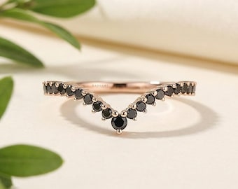 14k Rose Gold Black Diamond Band Pave Set Curved Ring Vintage Style Chevron Wedding Band Real Gold Stacking Ring Matching Promise Ring