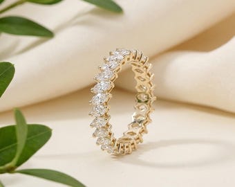 Marquise Wedding Band, 14k Gold Eternity Ring, Moissanite Diamond Band, Unique Stacking Ring, Vintage Style Anniversary Gift for Her