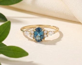 Oval London Blue Topaz 14k Gold Ring, Vintage Art Deco Engagement Ring , Blue Gemstone Ring Unique Cluster Ring, Gift for Her