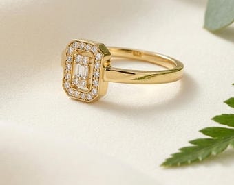 Vintage Style Baguette and Round Diamond Halo Ring, Yellow Gold Emerald Shape Statement Ring, Art Deco Geometric Ring,  Anniversary Gift