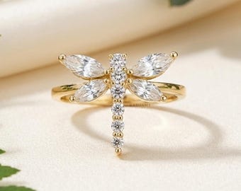 Gold Dragonfly Ring Marquise Cut Moissanite Ring Dainty Nature Inspired Jewelry Unique Animal Ring for Women Insect Lover Gift