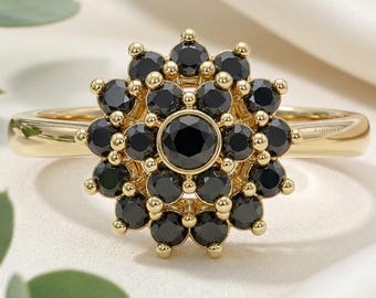 Cluster Ring, 14k Yellow Gold Flower Ring, Unique Engagement Ring, Art Deco Starburst Ring, Vintage Style Black Gemstone Ring