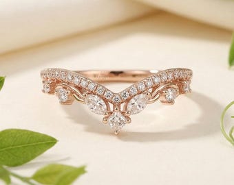 Marquise and Princess Cut Band • 14k Rose Gold V Shape Ring • Moissanite Curved Band • Dainty Crown Ring • Pave Diamond Stacking Ring
