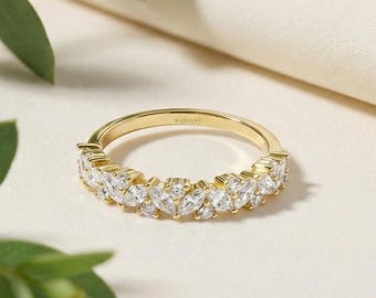Yellow Gold Leaf Wedding Band Marquise Diamond Vine Ring Delicate Half Eternity Stacking Ring Unique Bridal Jewelry