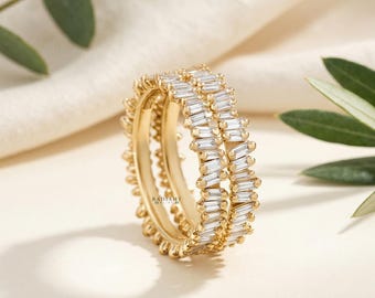 Moissanite Diamond Midi Baguette Jacket Classic Eternity Ring Guard 14K Solid Gold Enhancer Custom Pave Stacking Band Women