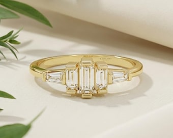 14k Solid Gold Baguette Wedding Band,Art Deco Half Eternity Ring,Minimalist Alternating Diamond Stacking Band, Dainty Anniversary Gift