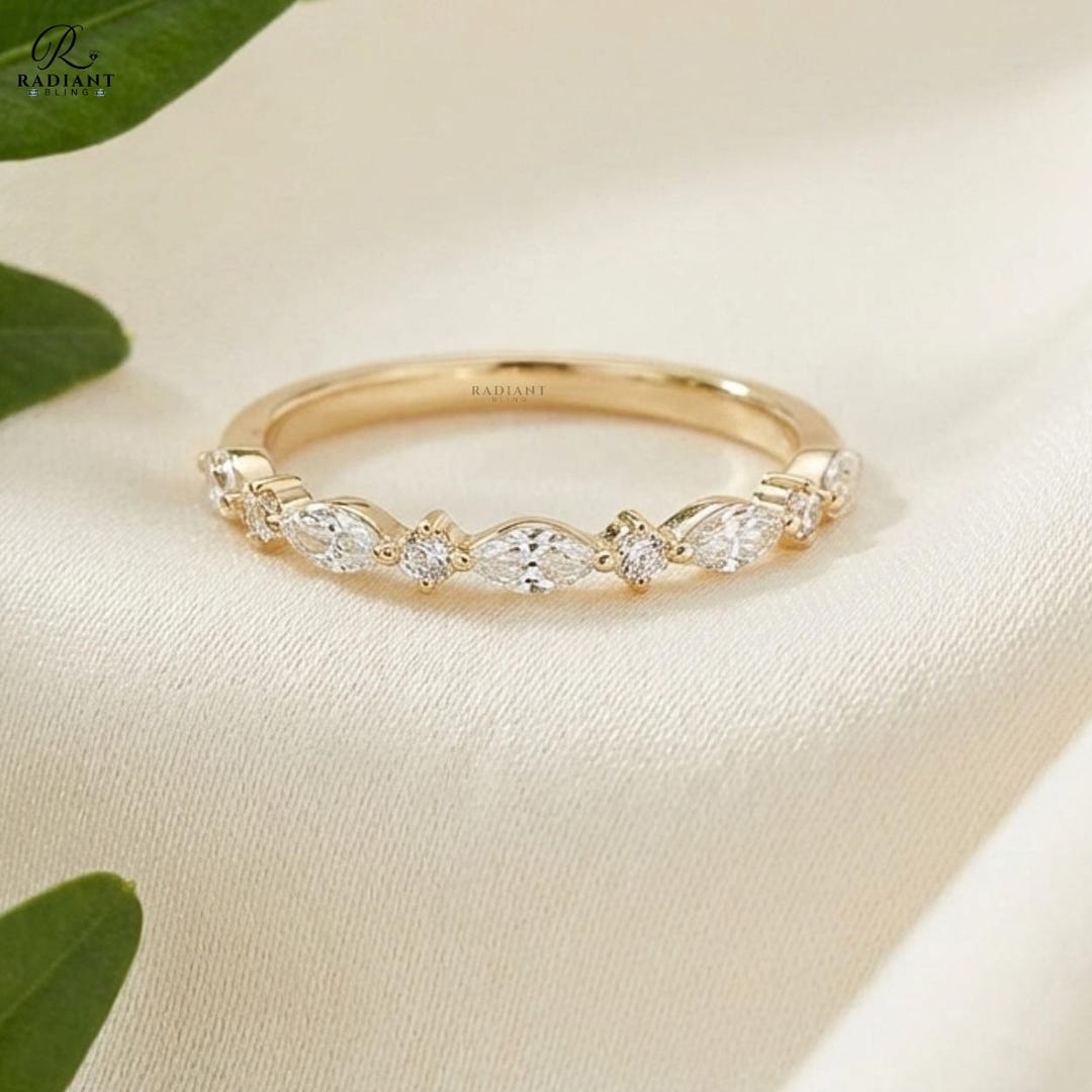 14K Solid Gold Marquise Wedding Band, Dainty Gold Ring for Women, Half ...