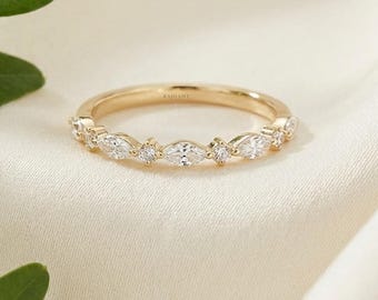 14K Solid Gold Marquise Wedding Band, Dainty Gold Ring for Women, Half Eternity Vintage Stacking Ring,  Minimal Jewelry Gift For Wife