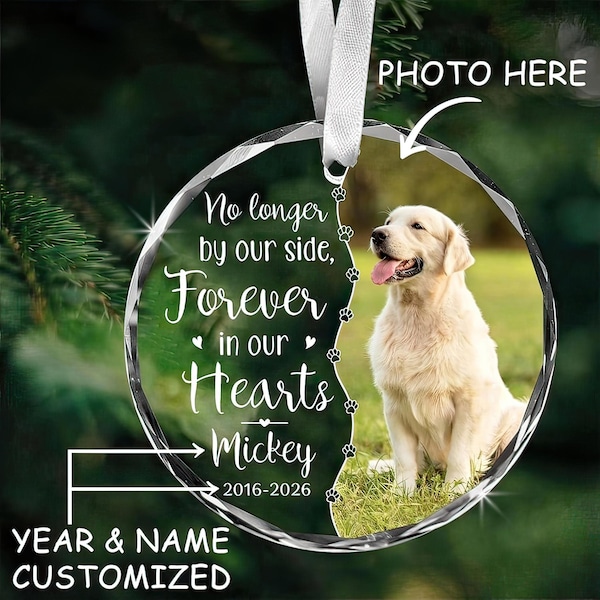 Personalized Pet Memorial Glass Ornament, Custom Photo Keepsake, Rainbow Bridge Tribute