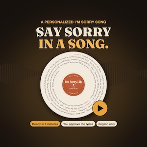 May include: A circular graphic resembling a vinyl record with the text "I'm Sorry, Lily" in the center. Lyrics are printed in a spiral pattern around the disc. Above the record, the text reads "A PERSONALIZED I'M SORRY SONG SAY SORRY IN A SONG."