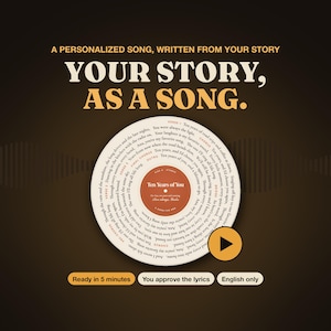 May include: A circular graphic resembling a vinyl record features the text A PERSONALIZED SONG, WRITTEN FROM YOUR STORY, YOUR STORY, AS A SONG. The centre label reads Ten Years of You, with lyrics spiralling outward. Includes a play button icon.
