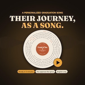 May include: A circular vinyl record graphic featuring the text A PERSONALIZED GRADUATION SONG THEIR JOURNEY, AS A SONG. The record label reads Proud of You, with lyrics spiraling around the center. Includes a play button and text Ready in 5 minutes, You approve the lyrics, English only.