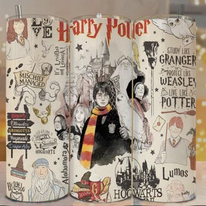 May include: A cream-colored tumbler featuring a collage of Harry Potter-themed illustrations and text. The design includes images of characters, Hogwarts, and phrases like "Mischief Managed" and "Study Like Granger." The tumbler has a silver straw.