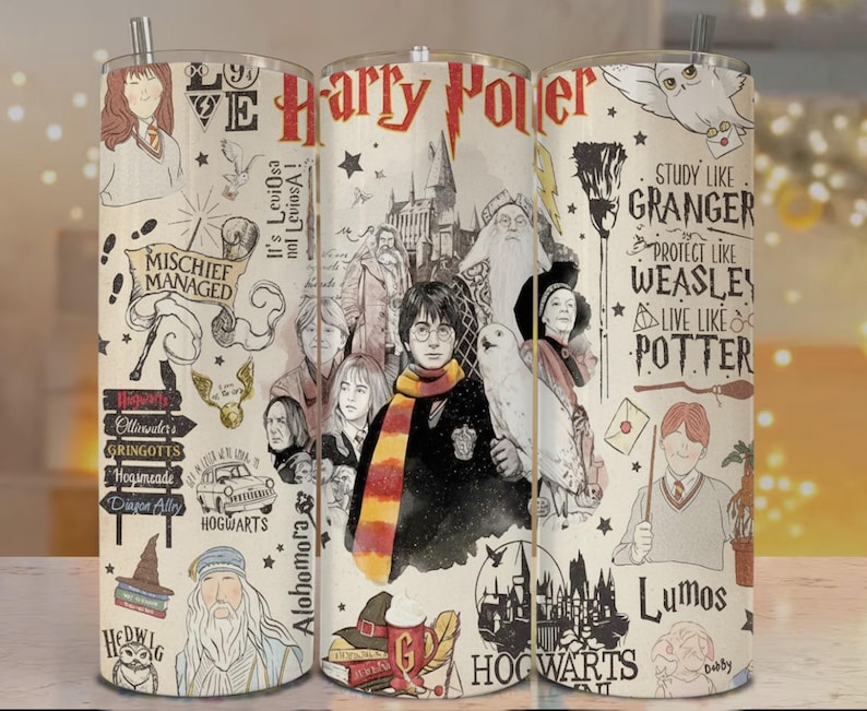 May include: A cream-colored tumbler featuring a collage of Harry Potter-themed illustrations and text. The design includes images of characters, Hogwarts, and phrases like "Mischief Managed" and "Study Like Granger." The tumbler has a silver straw.