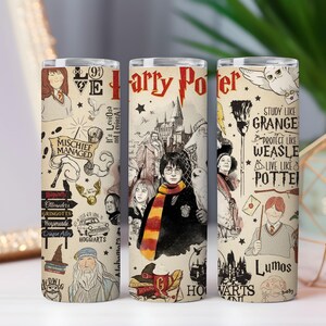 May include: Three stainless steel tumblers featuring a beige background with illustrations and text from the Harry Potter series. The tumblers display images of characters, quotes, and iconic symbols. The text includes "Harry Potter", "Mischief Managed", and "Hogwarts".