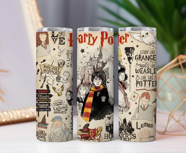 May include: Three stainless steel tumblers featuring a beige background with illustrations and text from the Harry Potter series. The tumblers display images of characters, quotes, and iconic symbols. The text includes "Harry Potter", "Mischief Managed", and "Hogwarts".