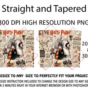 May include: Two Harry Potter-themed designs, one straight and one tapered, with a collage of characters and symbols. The text includes "Harry Potter," character names, and "Hogwarts Alumni." Available in 20 oz and 30 oz sizes.