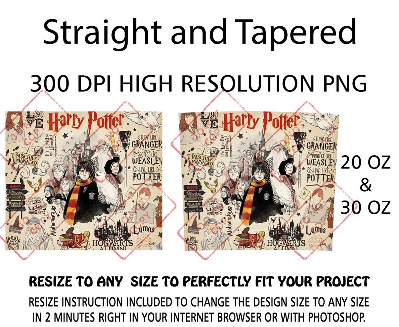 May include: Two Harry Potter-themed designs, one straight and one tapered, with a collage of characters and symbols. The text includes "Harry Potter," character names, and "Hogwarts Alumni." Available in 20 oz and 30 oz sizes.