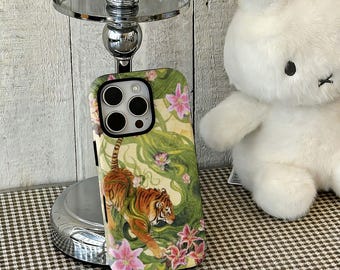 Vintage Tiger Lotus Phone Case, Aesthetic Chinoiserie Collage Cover, Compatible For iPhone 17 16 15 14 13 12 Pro Max, Samsung S25 24 Ultra