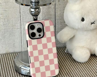 Pink Checkerboard Case, Soft Cream Checkered iPhone Case, Cute Preppy Plaid Cover, iPhone 17 16 15 14 13 12 Pro Max, Samsung S25 24 Ultra