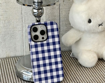 Marinblått Gingham-mobilskal, Vintage Picnic Cottagecore-fodral, Retro-rutigt mönster, iPhone 17 16 15 14 13 12 Pro Max, Samsung S25 24 Ultra