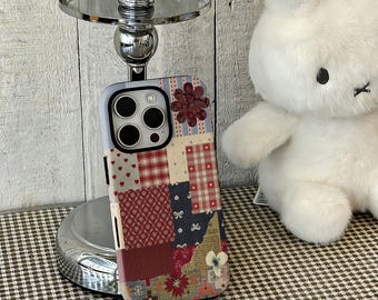 Vintage Patchwork Quilt Phone Case, Red Floral Heart Cottagecore Tough Cover For iPhone 17 16 15 14 13 12 Pro Max, Samsung S25 24 Ultra