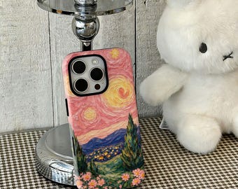 Pink Starry Landscape Case, Impressionist Sunset iPhone Case, Dreamy Mountain Flower iPhone 17 16 15 14 13 12 Pro Max,Samsung S25 24 Ultra