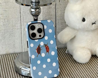 Retro Blue Polka Dot Ladybug Phone Case - Cute Dancing Love Bugs Cover Compatible For iPhone 17 16 15 14 13 12 Pro Max, Samsung S25 24 Ultra