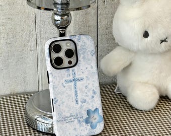 Light Blue Floral & Cross Phone Case,God Christian Jesus Saves Bible Verse Collage, iPhone 17 16 15 14 13 12 Pro Max, Samsung S25 24 Ultra