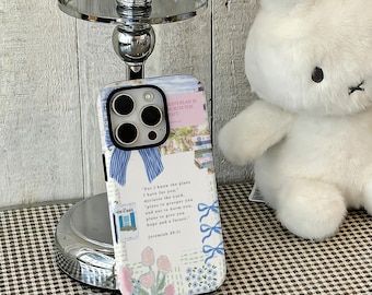 Christian Coquette Phone Case: Light Blue Bow, Bible Verse, Religious Gift, For iPhone 17 16 15 14 13 12 Pro Max,Samsung S25 24 Ultra