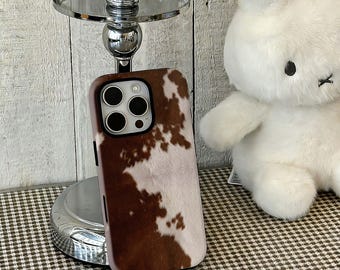 Cowhide Phone Case Brown White Animal Pattern Design, Trendy Phone Case for iPhone 17 16 15 14 13 12 Pro Max, Samsung S25 24 Ultra