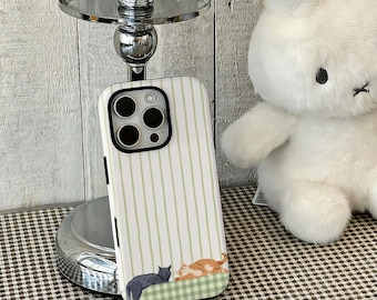 Sleeping Cats Phone Case, Green Striped iPhone Case, Cute Cozy Cat Cover, For iPhone 17 16 15 14 13 12 Pro Max, Samsung S25 24 Ultra
