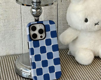 Blue Checkerboard Phone Case, Navy Plaid iPhone Case, Minimal Checkered Tile Cover iPhone 17 16 15 14 13 12 Pro Max,Samsung S25 24 Ultra