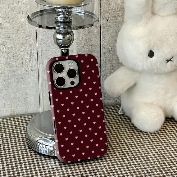 Vintage Coquette Burgundy & Pink Heart Phone Case, Hearts,Simple and cute, For iPhone 17 16 15 14 13 12 Pro Max, Samsung S25 24 Ultra