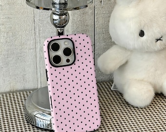 Cute Polka Dots Pink Phone Case Tough Cover, Girly Phone Case, Compatible For iPhone 17 16 15 14 13 12 Pro Max, Samsung S25 24 Ultra