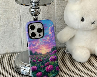 Purple Flower Field Phone Case,Sunset Garden iPhone Case,Dreamy Floral Landscape Cover iPhone 17 16 15 14 13 12 Pro Max,Samsung S25 24 Ultra