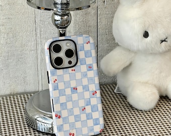 Blue and white checkered cherry Phone Case,Cherry Check Art, Compatible For iPhone 17 16 15 14 13 12 Pro Max, Samsung S25 24 Ultra