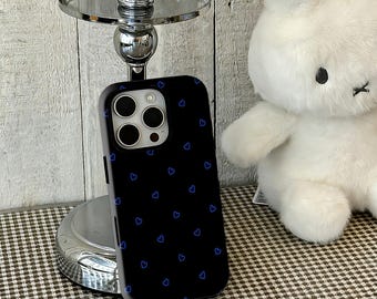 Blue lines small hearts Phone Case,Retro classic minimalist girly style,Compatible For iPhone 17 16 15 14 13 12 Pro Max,Samsung S25 24 Ultra