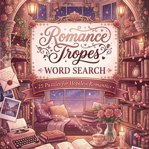 Peut inclure: Une couverture de livre intitulée Romance Tropes WORD SEARCH 25 Puzzles for Hopeless Romantics par TheBookishByte. L'illustration montre une scène de bibliothèque avec une machine à écrire, un livre ouvert, une tasse, une bougie et des roses.