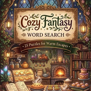 Peut inclure: Une couverture de livre intitulée Cozy Fantasy Word Search: 25 Puzzles for Warm Escapes par TheBookishByte. L'illustration montre une cuisine avec une cheminée, une tarte fumante, des pâtisseries, un livre de recettes et des étagères.