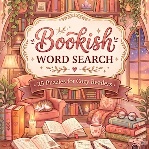 Peut inclure: Un livre intitulé Bookish WORD SEARCH 25 Puzzles for Cozy Readers par TheBookishByte. La couverture illustre une bibliothèque avec des étagères, un chat endormi sur un fauteuil, des livres ouverts, une tasse fumante, des lunettes et un appareil photo.