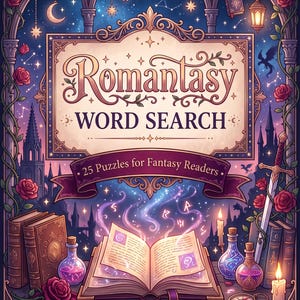 Peut inclure: Une couverture de livre Romantasy Word Search avec un livre ouvert aux symboles magiques brillants, entouré de roses, bougies, fioles de potion et une épée. Le texte indique Romantasy WORD SEARCH, 25 Puzzles for Fantasy Readers, et by TheBookishByte.