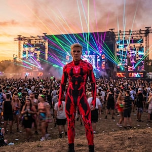 May include: A person in a red and black bodysuit stands before a crowd at a music festival. The bodysuit features a detailed design. Stage lights project colourful beams across the sky.