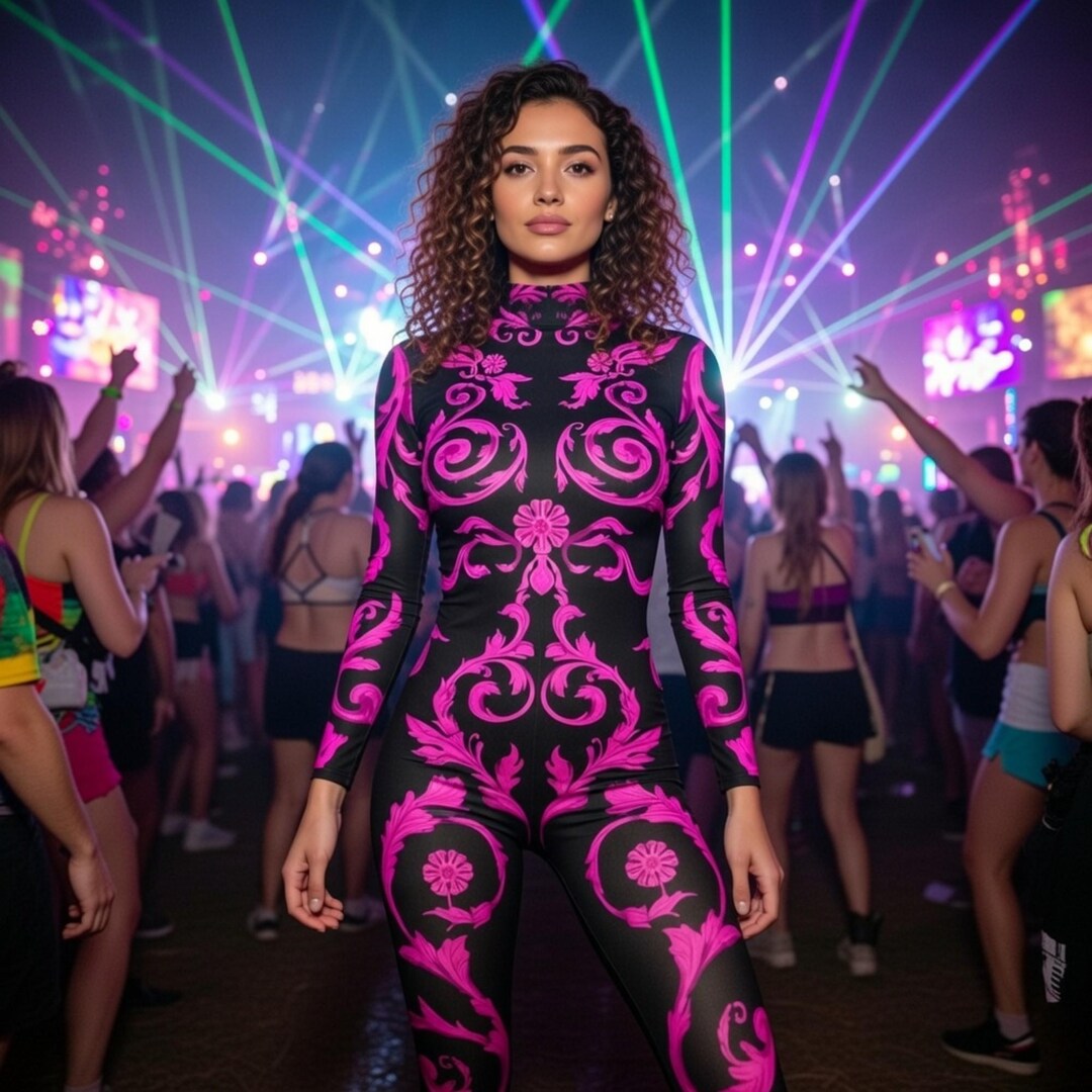 Pink Neon Baroque Bodysuit – Psychedelic Rave Catsuit for Festivals ...