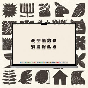 May include: A laptop displaying a cream-colored screen with black icons. The laptop is surrounded by a cream-colored background with various black illustrations of plants, animals, and abstract shapes. The illustrations are in a minimalist style.