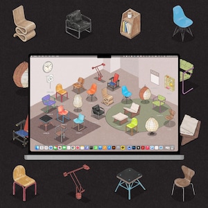 Può includere: Uno schermo di computer portatile che mostra un'illustrazione digitale isometrica di vari mobili, tra cui sedie, lampade e tavoli, disposti in una stanza, circondati da icone di singoli mobili su uno sfondo scuro.